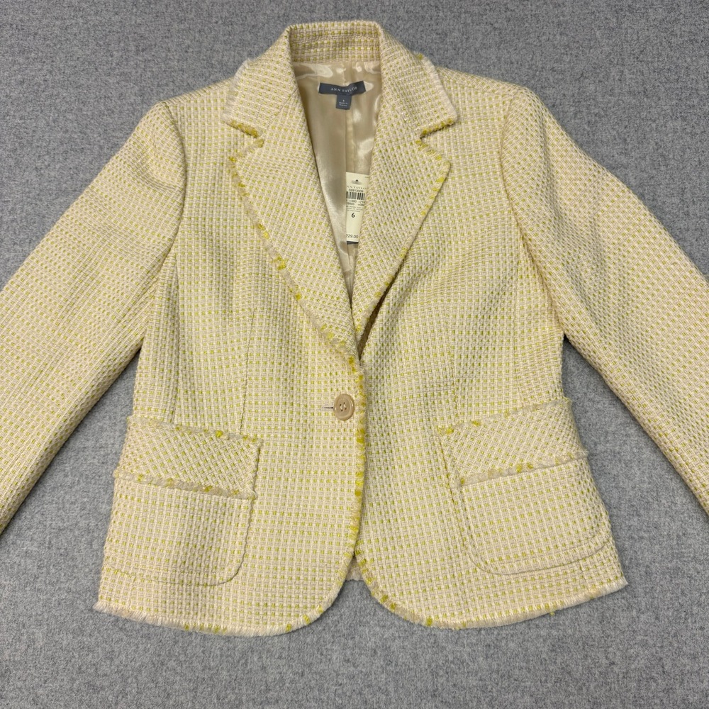 Ann Taylor Blazer 6 Yellow Cream Tweed Fringe Trim Single Button NWT 59913009 BE